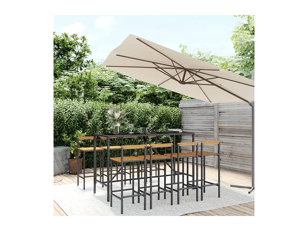 Ensemble de bar jardin 9 pcs noir poly rotin/bois massif acacia