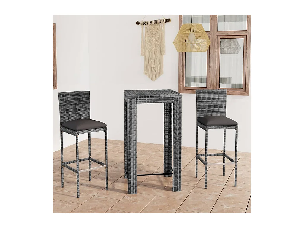 Ensemble de bar de jardin 3 pcs et coussins Résine tressée Gris