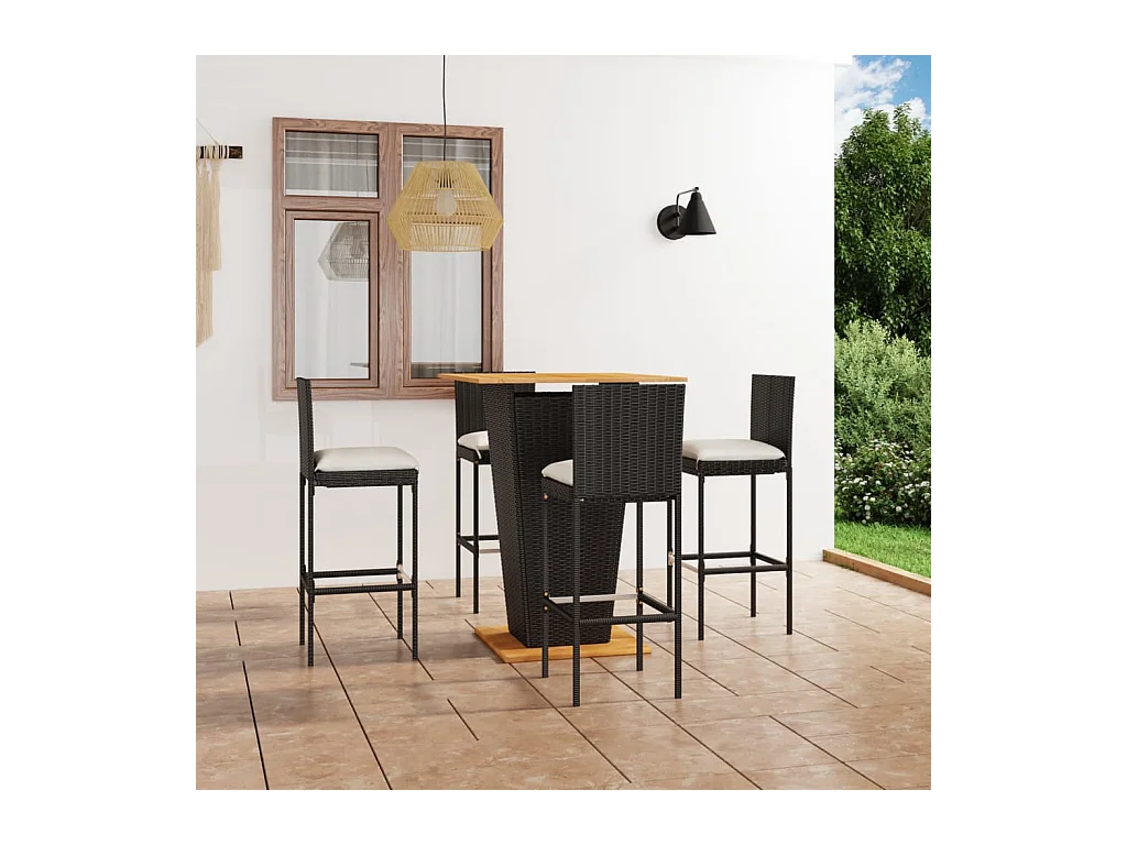 Ensemble de bar de jardin 5 pcs et coussins Résine tressée Noir