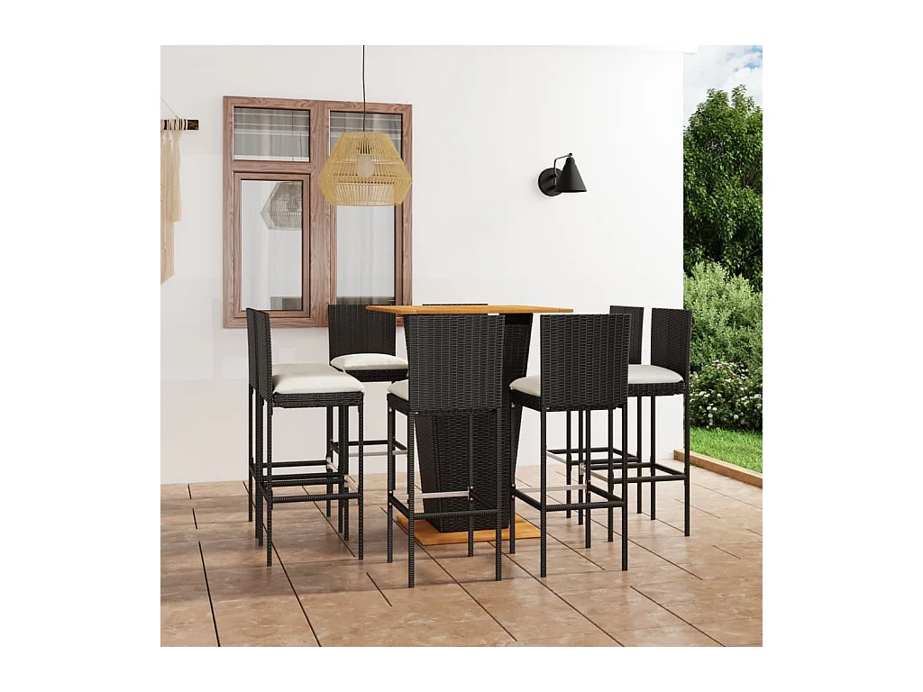 Ensemble de bar de jardin 9 pcs et coussins Résine tressée Noir