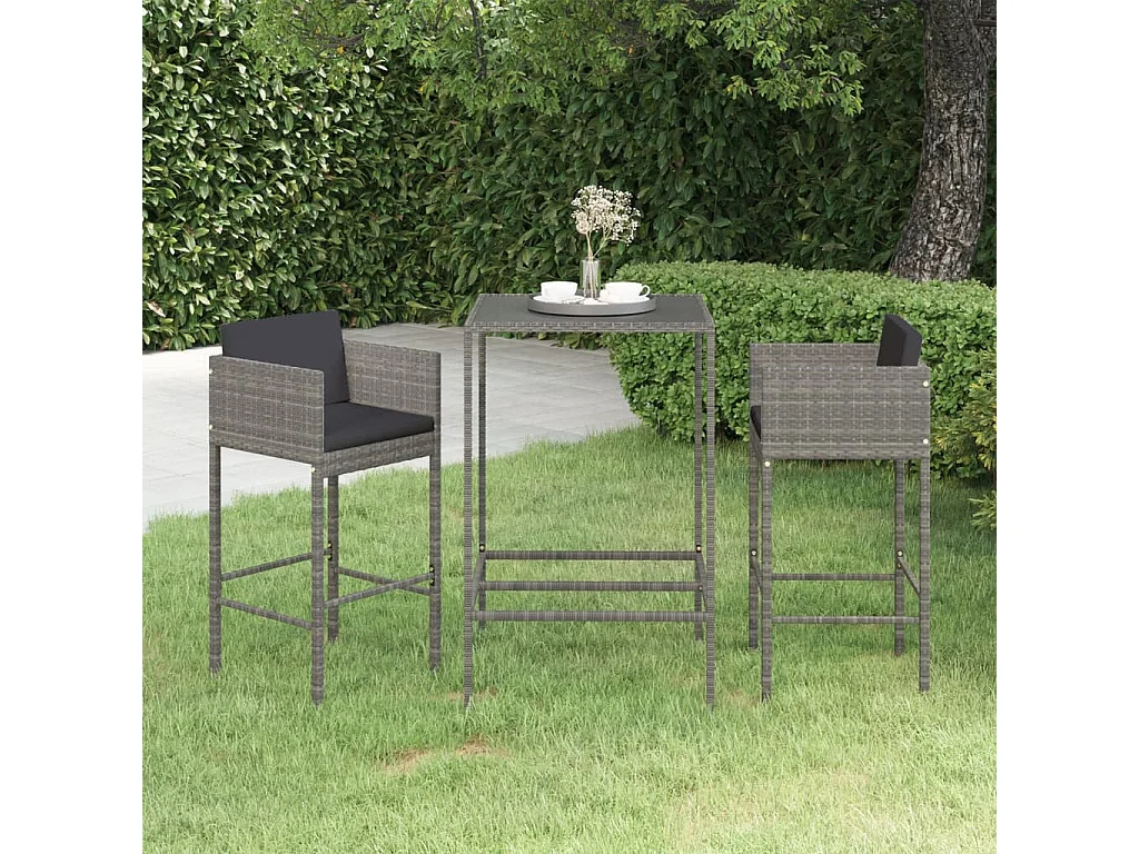 Ensemble de bar de jardin 3 pcs et coussins Résine tressée Gris