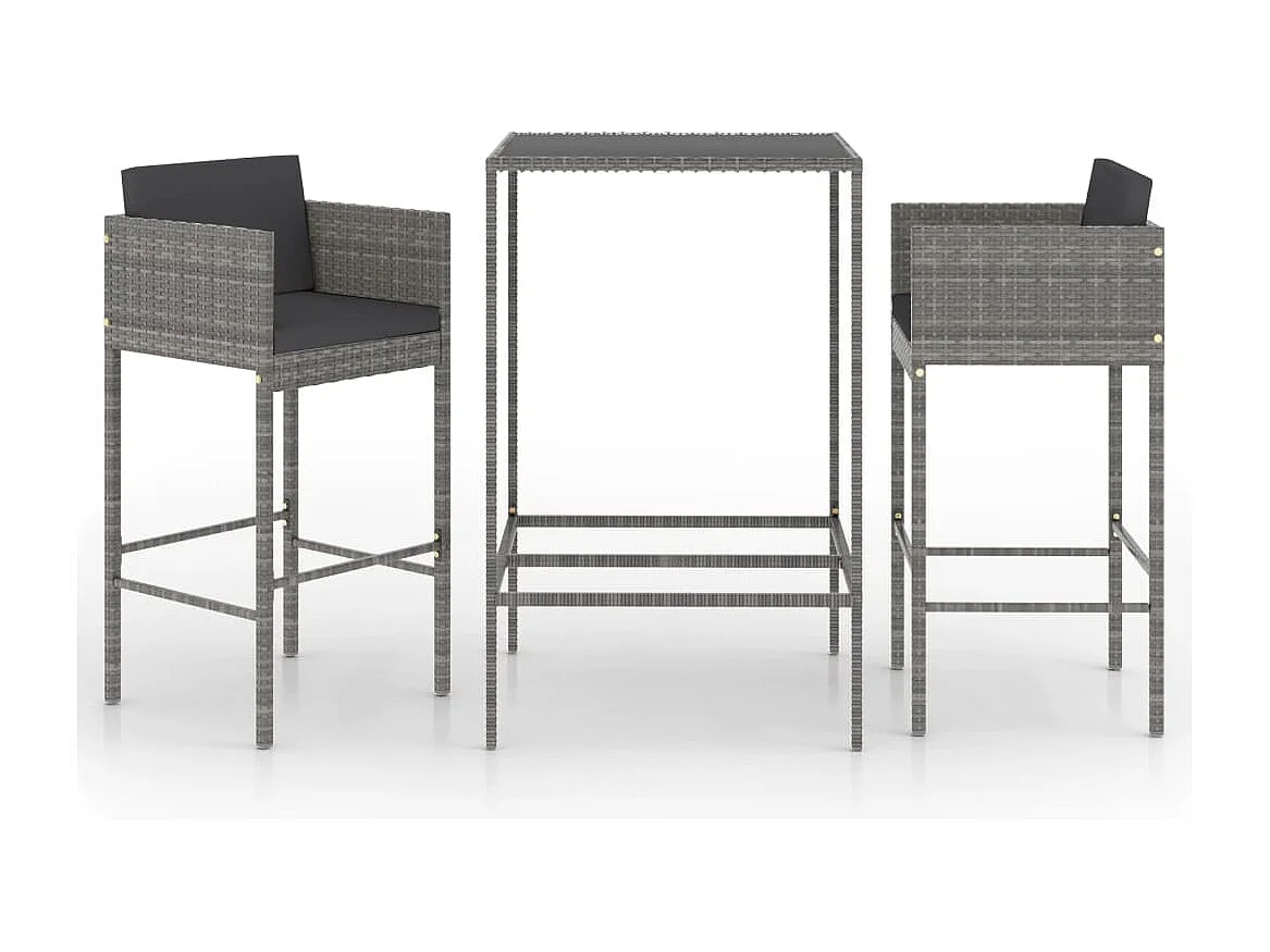 Ensemble de bar de jardin 3 pcs et coussins Résine tressée Gris