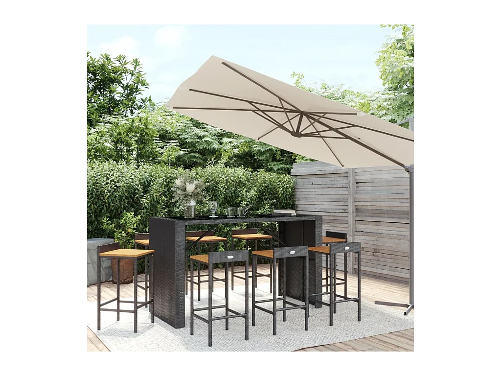 Ensemble de bar jardin 9 pcs noir poly rotin/bois massif acacia