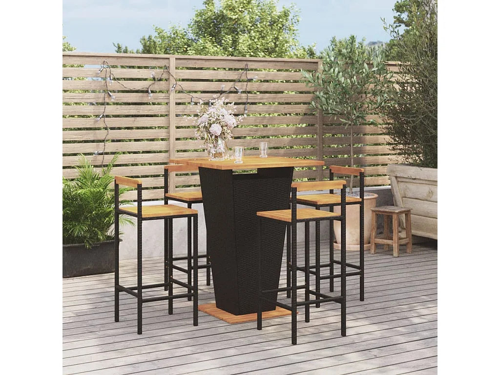 Ensemble de bar jardin 5 pcs noir poly rotin/bois massif acacia