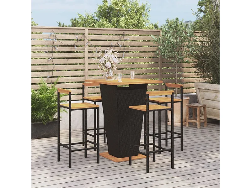 5 pcs conjunto de bar p/ jardim vime PE/acácia maciça preto