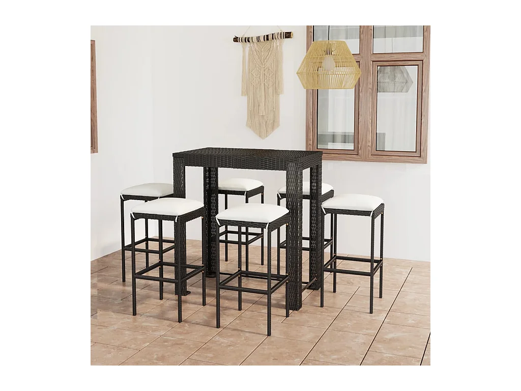 Ensemble de bar de jardin 7 pcs et coussins Résine tressée Noir