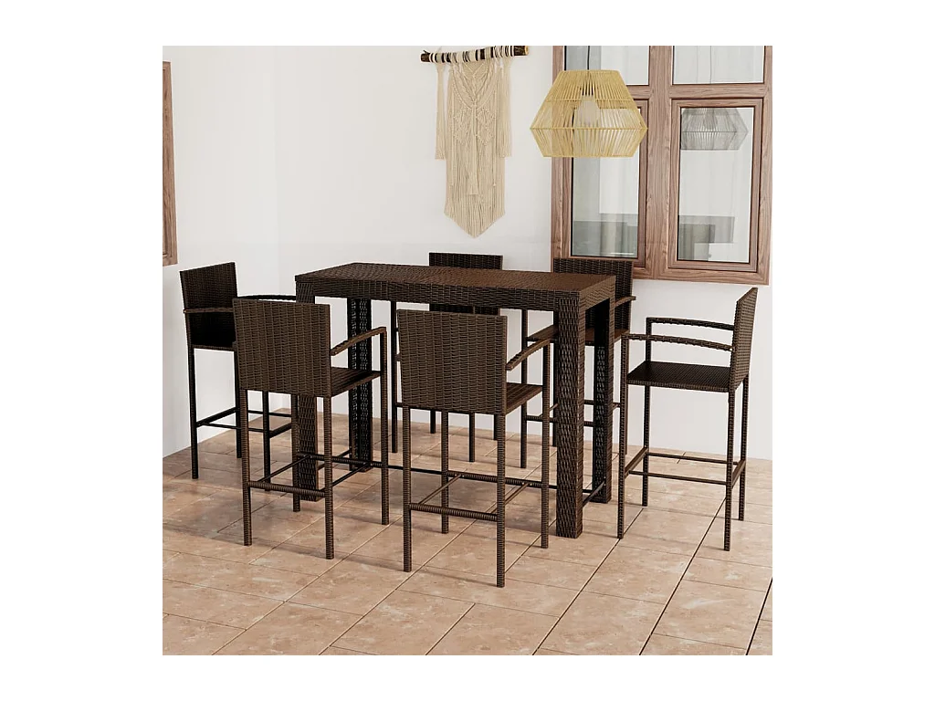 Ensemble de bar d'extérieur 7 pcs accoudoir Poly rotin Marron