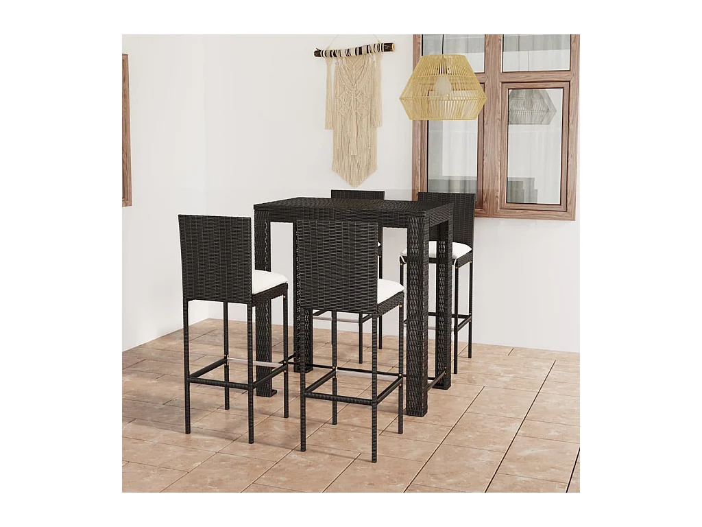 Ensemble de bar d'extérieur 5 pcs coussins Résine tressée Noir