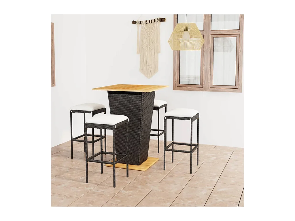 Ensemble de bar de jardin 5 pcs et coussins Résine tressée Noir
