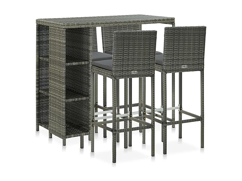 5-tlg. Gartenbar-Set mit Kissen Poly Rattan Grau