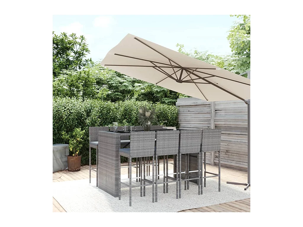 Ensemble de bar de jardin 9 pcs avec coussins gris poly rotin