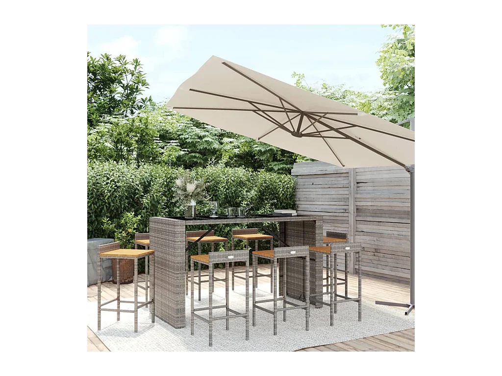 Ensemble de bar jardin 9 pcs gris poly rotin/bois massif acacia