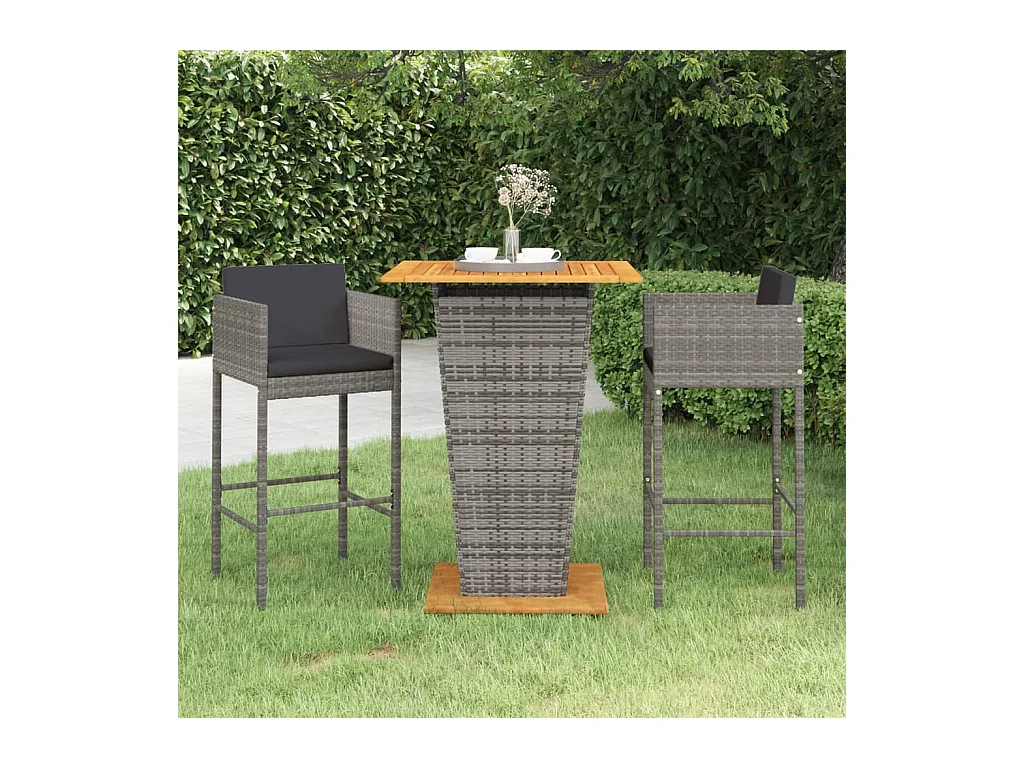 3-tlg. Gartenbar-Set mit Kissen Poly Rattan Grau