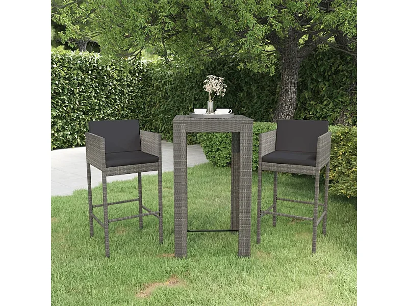 Set Bar da Giardino 3 pz con Cuscini in Polyrattan Grigio