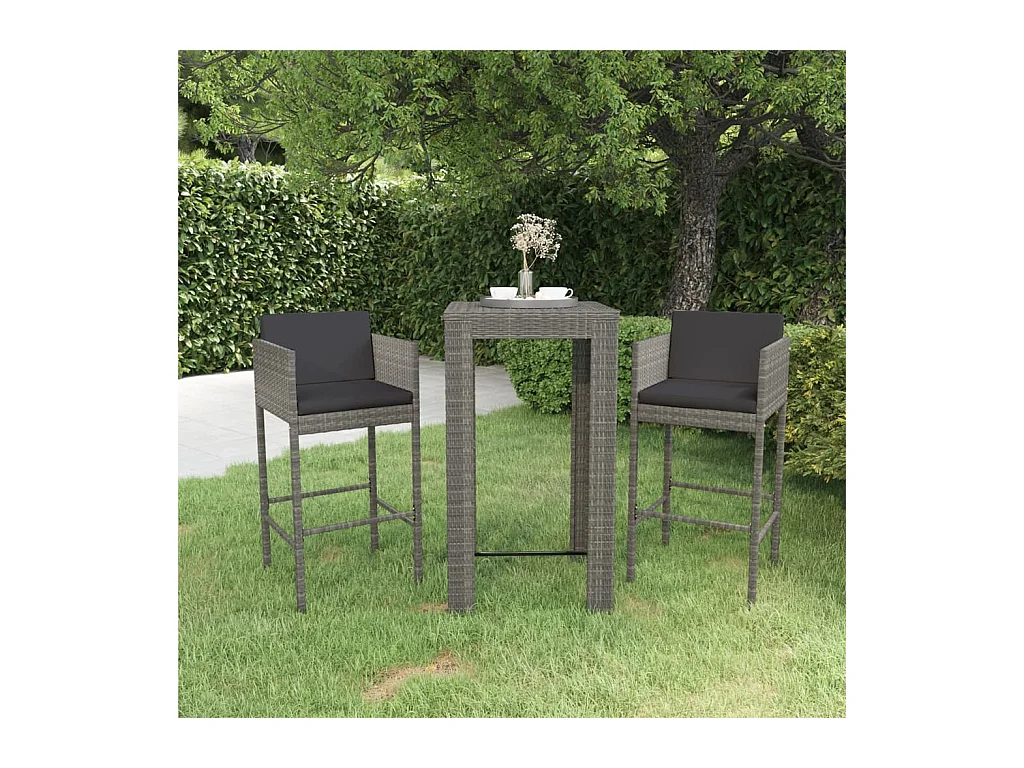 Set Bar da Giardino 3 pz con Cuscini in Polyrattan Grigio