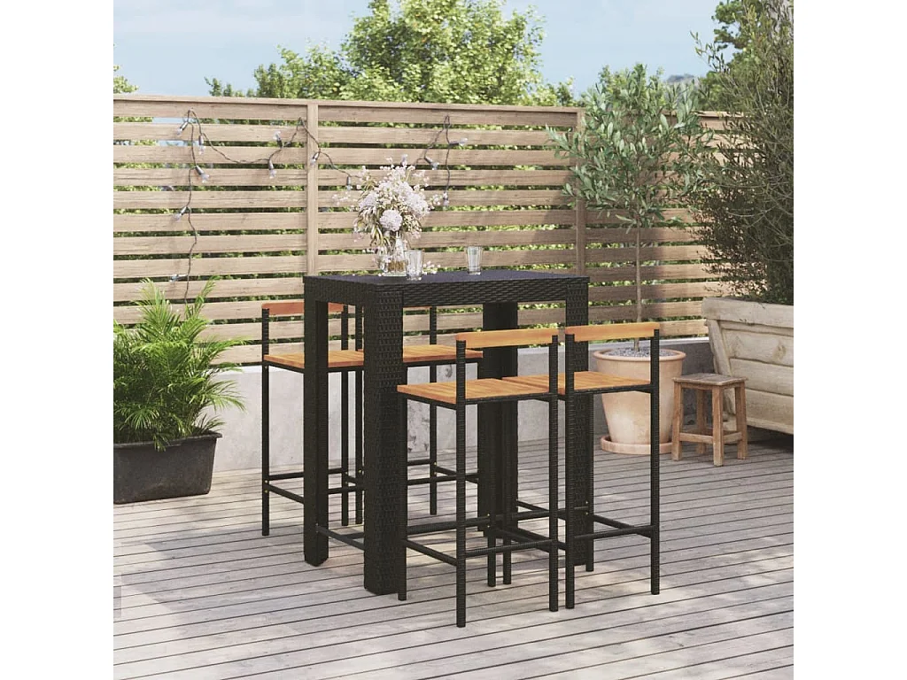 Ensemble de bar jardin 5 pcs noir poly rotin/bois massif acacia