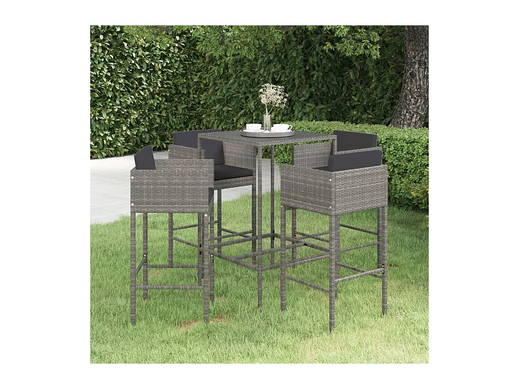 Ensemble de bar de jardin 5 pcs et coussins Résine tressée Gris