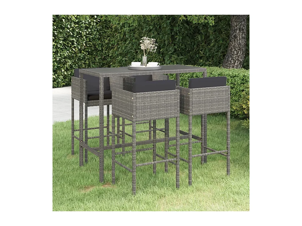 Set da Bar da Giardino 5 pz con Cuscini in Polyrattan Grigio