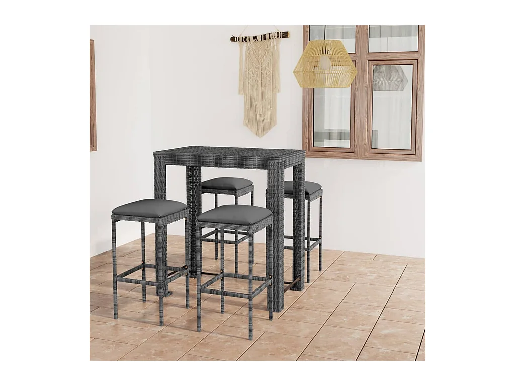 Ensemble de bar de jardin 5 pcs et coussins Résine tressée Gris