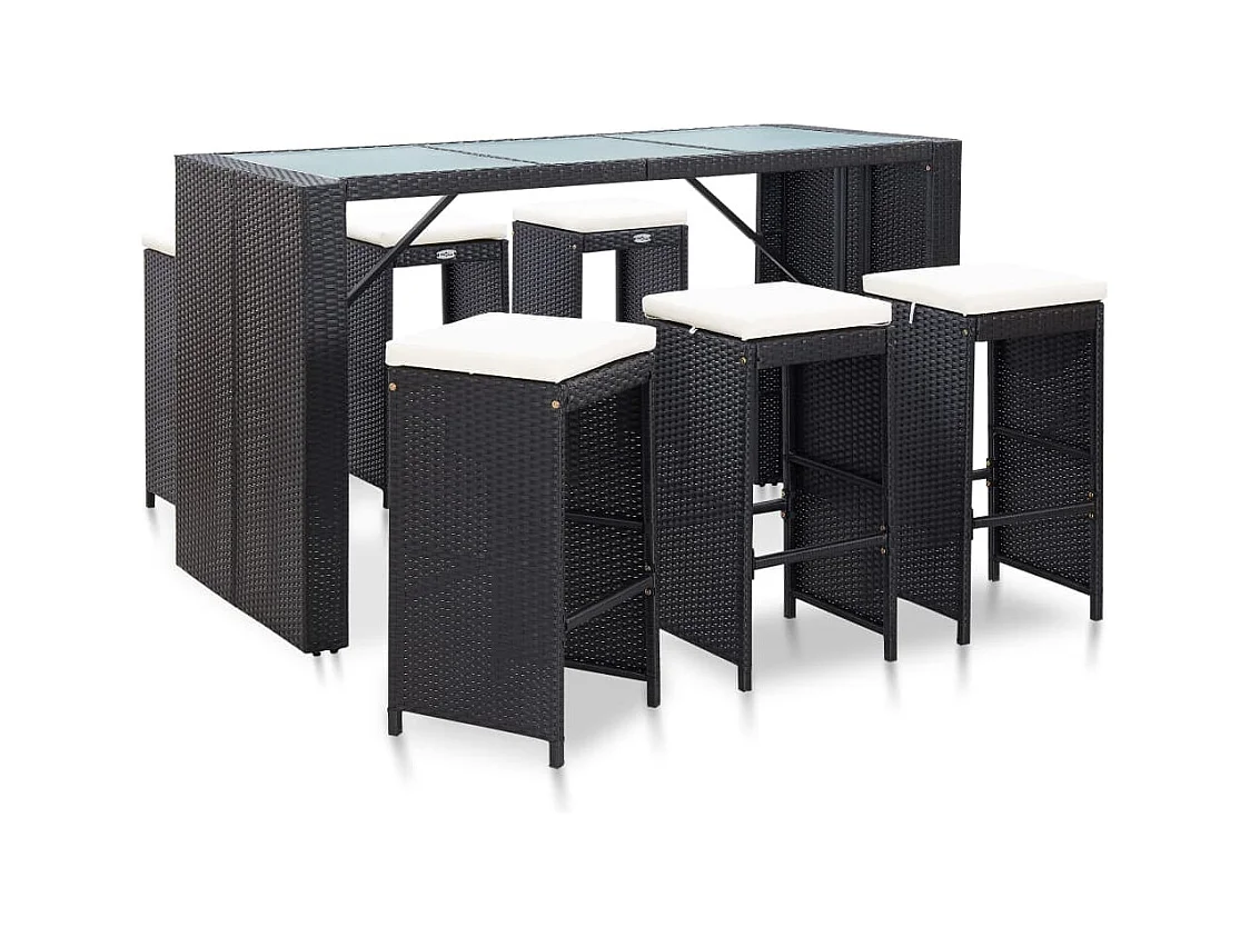 Ensemble de bar de jardin 7 pcs avec coussins poly rotin noir