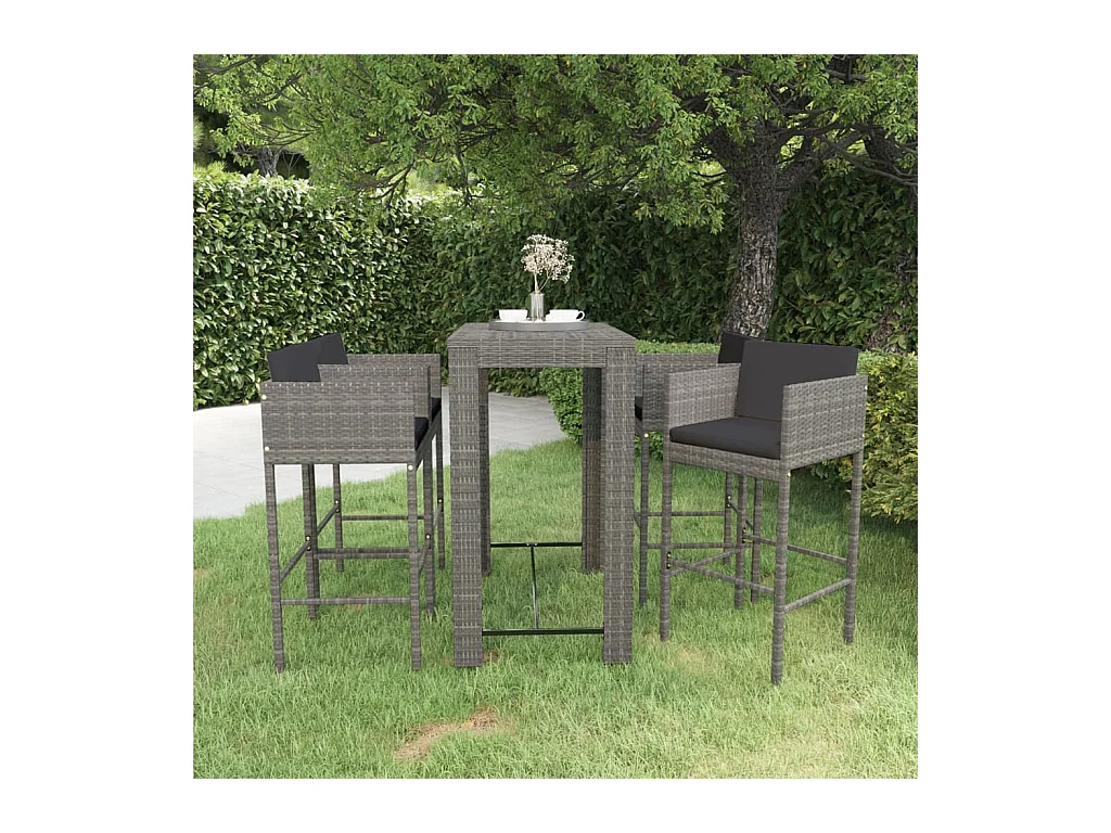 Set da Bar da Giardino 5 pz con Cuscini in Polyrattan Grigio