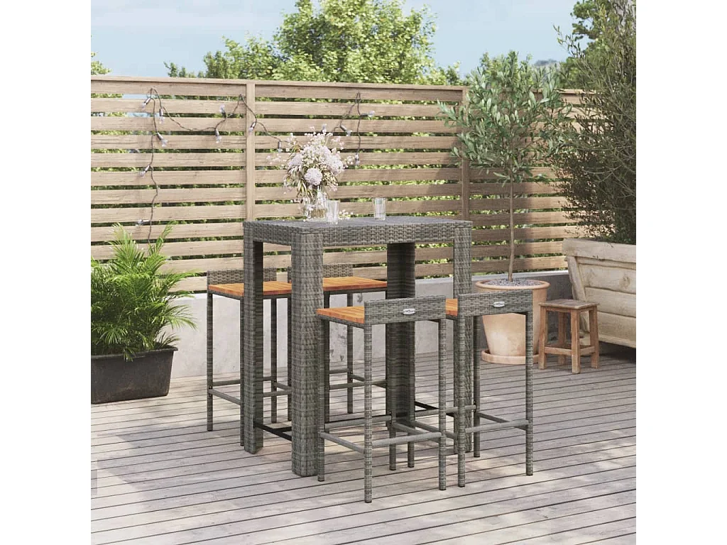 Ensemble de bar jardin 5 pcs gris poly rotin/bois massif acacia
