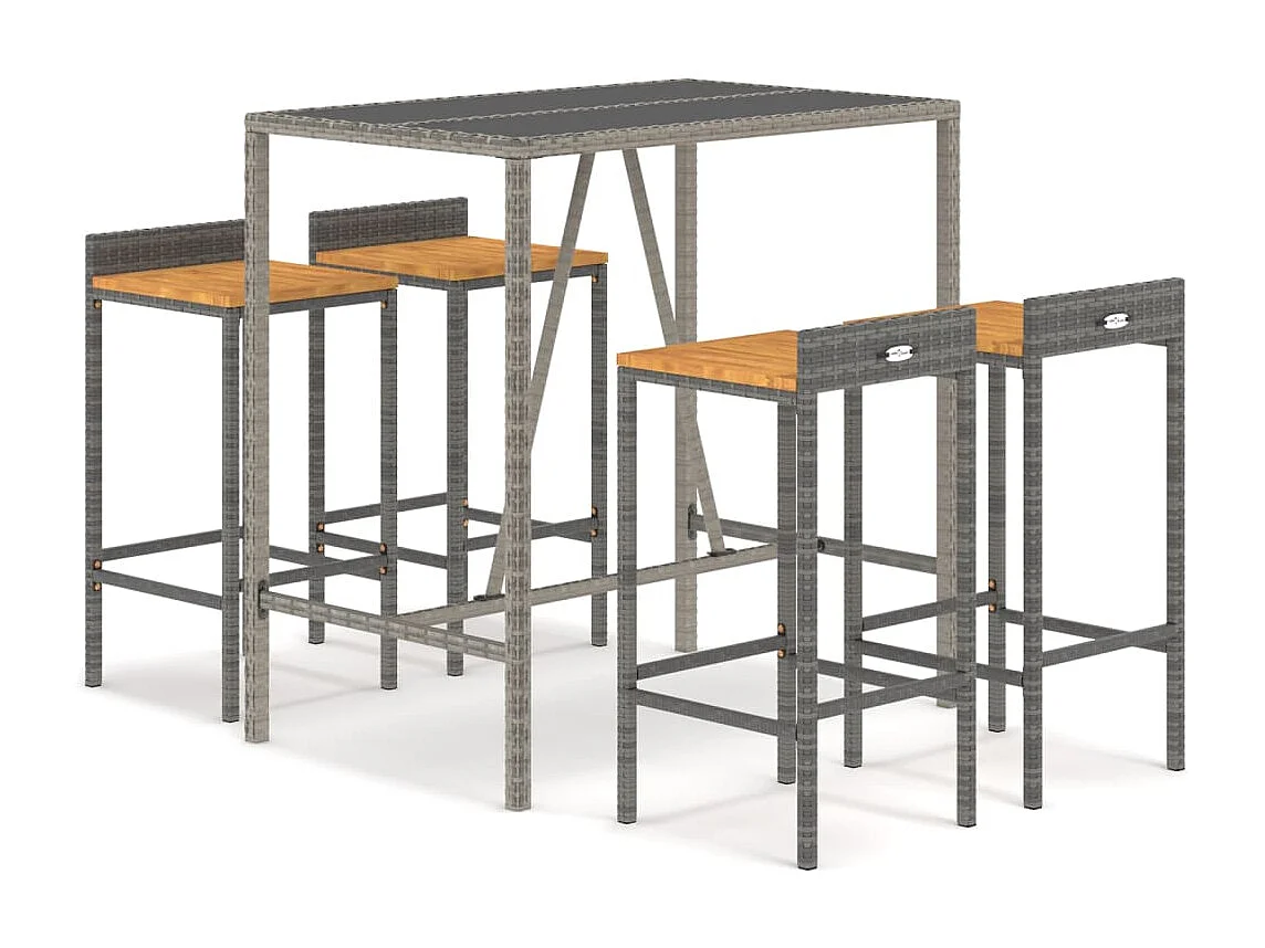 5 pcs conjunto de bar p/ jardim vime PE/acácia maciça cinzento