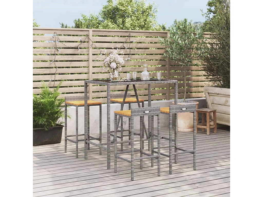 Ensemble de bar jardin 5 pcs gris poly rotin/bois massif acacia
