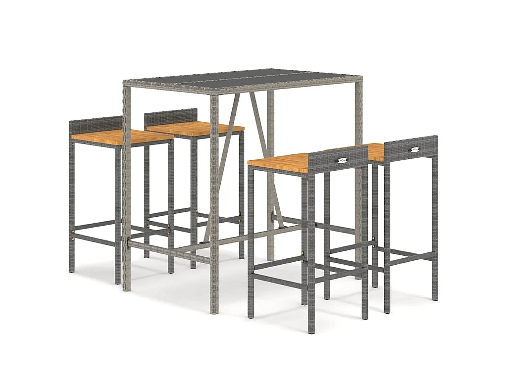 Ensemble de bar jardin 5 pcs gris poly rotin/bois massif acacia