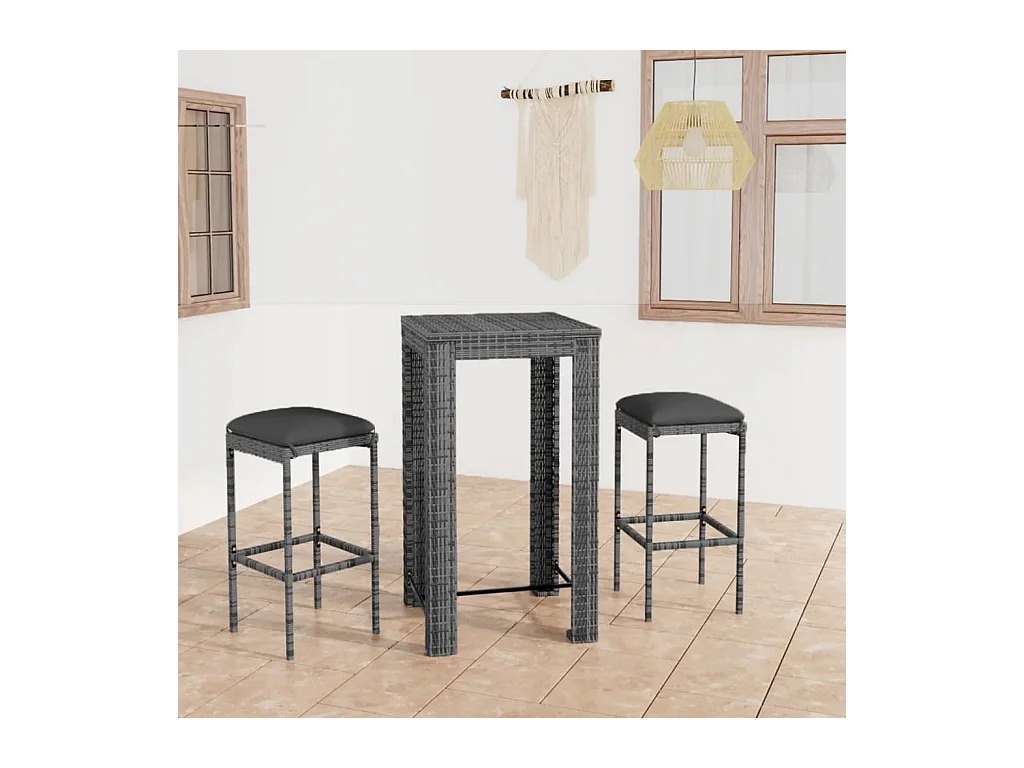 Ensemble de bar de jardin 3 pcs et coussins Résine tressée Gris