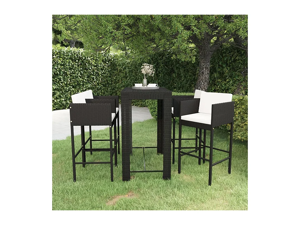 Ensemble de bar de jardin 5 pcs et coussins Résine tressée Noir