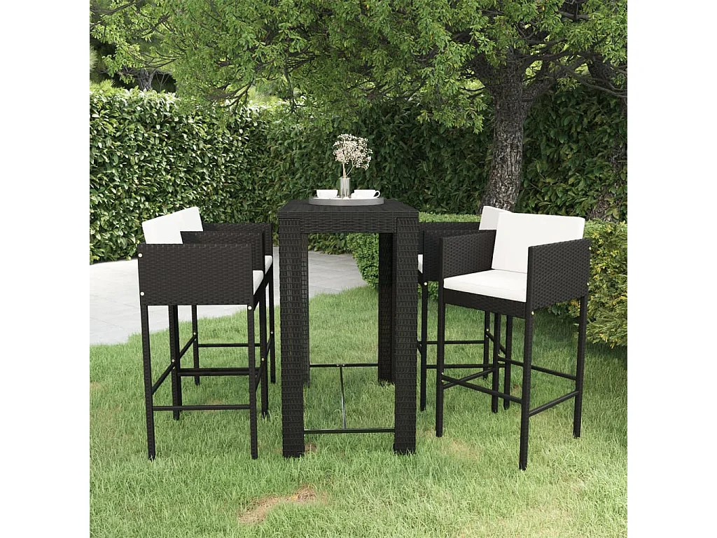Ensemble de bar de jardin 5 pcs et coussins Résine tressée Noir
