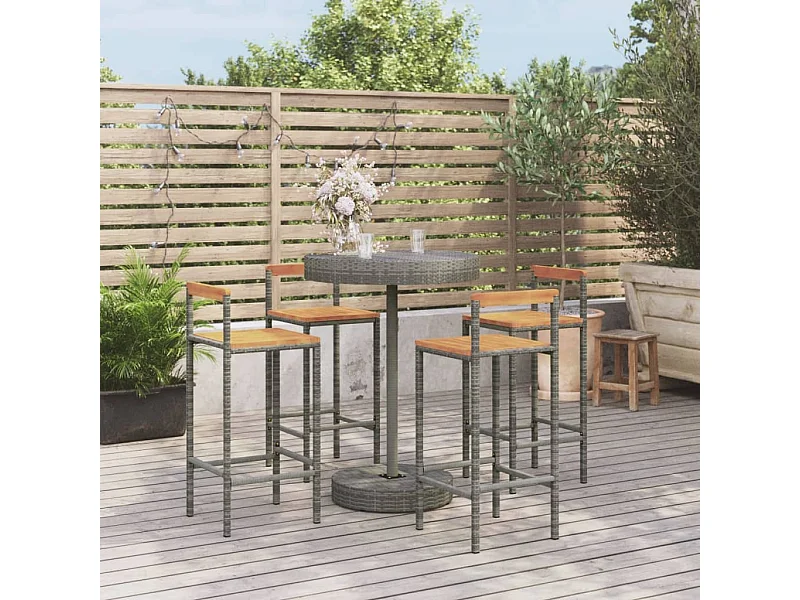 Set Bar Giardino 5pz Grigio Polyrattan e Legno Massello Acacia