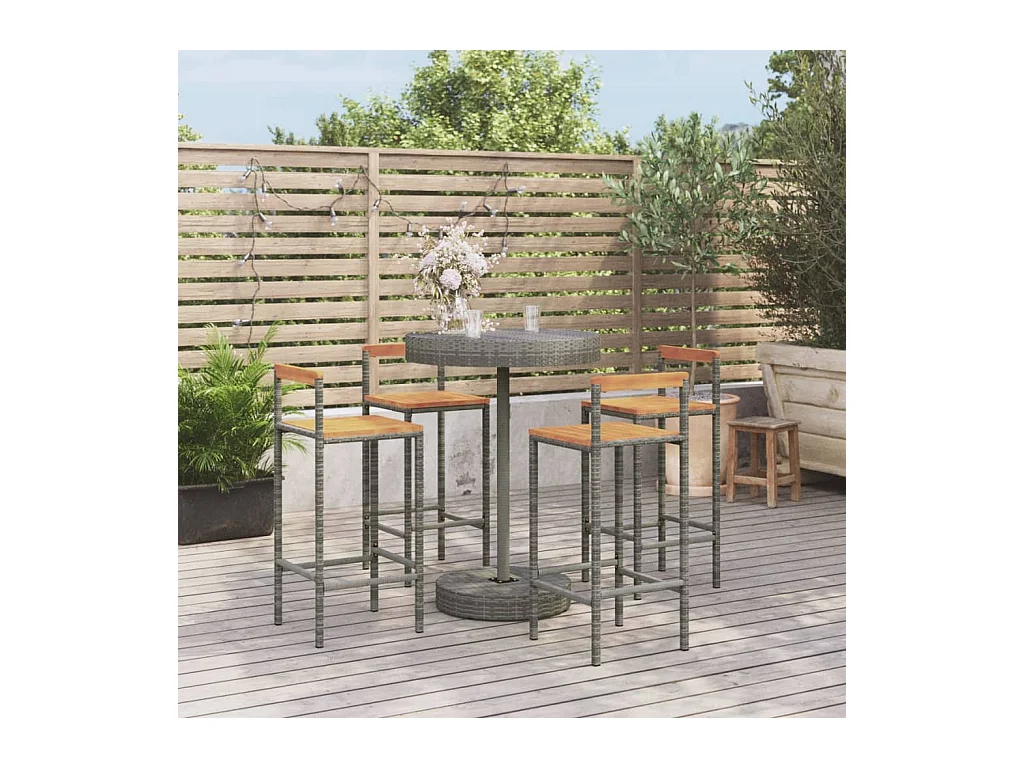 Set Bar Giardino 5pz Grigio Polyrattan e Legno Massello Acacia