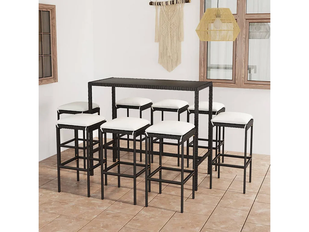 9-delige Tuinbarset met kussens poly rattan zwart