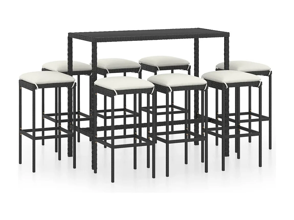 9-delige Tuinbarset met kussens poly rattan zwart