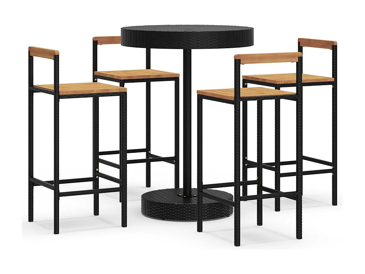 Ensemble de bar jardin 5 pcs noir poly rotin/bois massif acacia