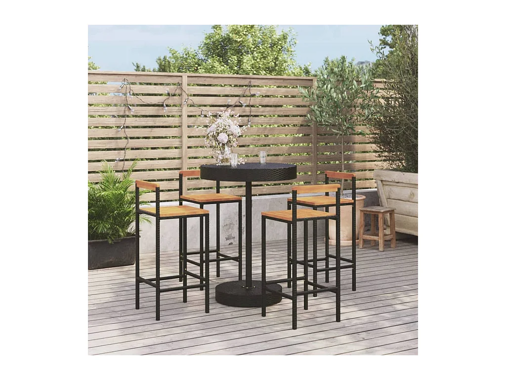Ensemble de bar jardin 5 pcs noir poly rotin/bois massif acacia