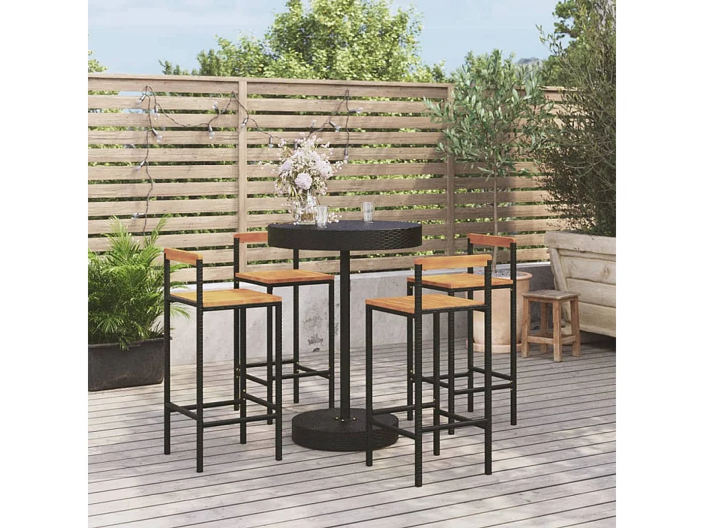Ensemble de bar jardin 5 pcs noir poly rotin/bois massif acacia