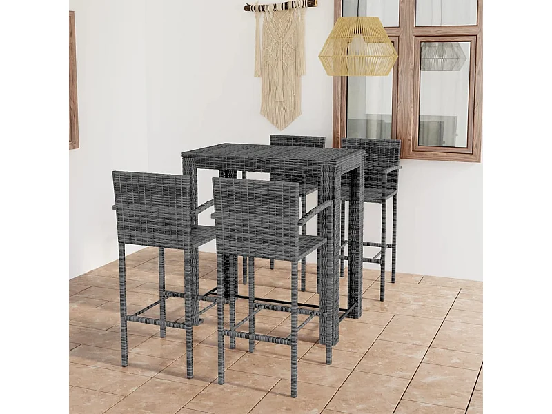 Set Bar da Giardino 5 pz con Braccioli in Polyrattan Grigio