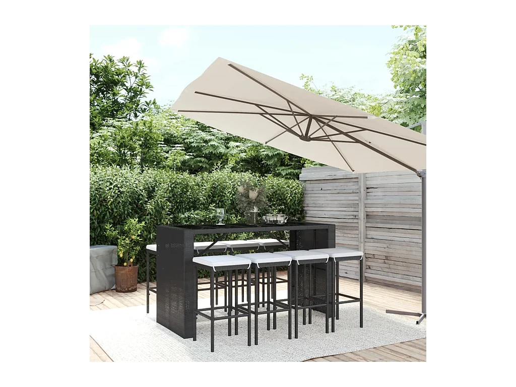 Set Bar da Giardino 9 pz con Cuscini in Polyrattan Nero
