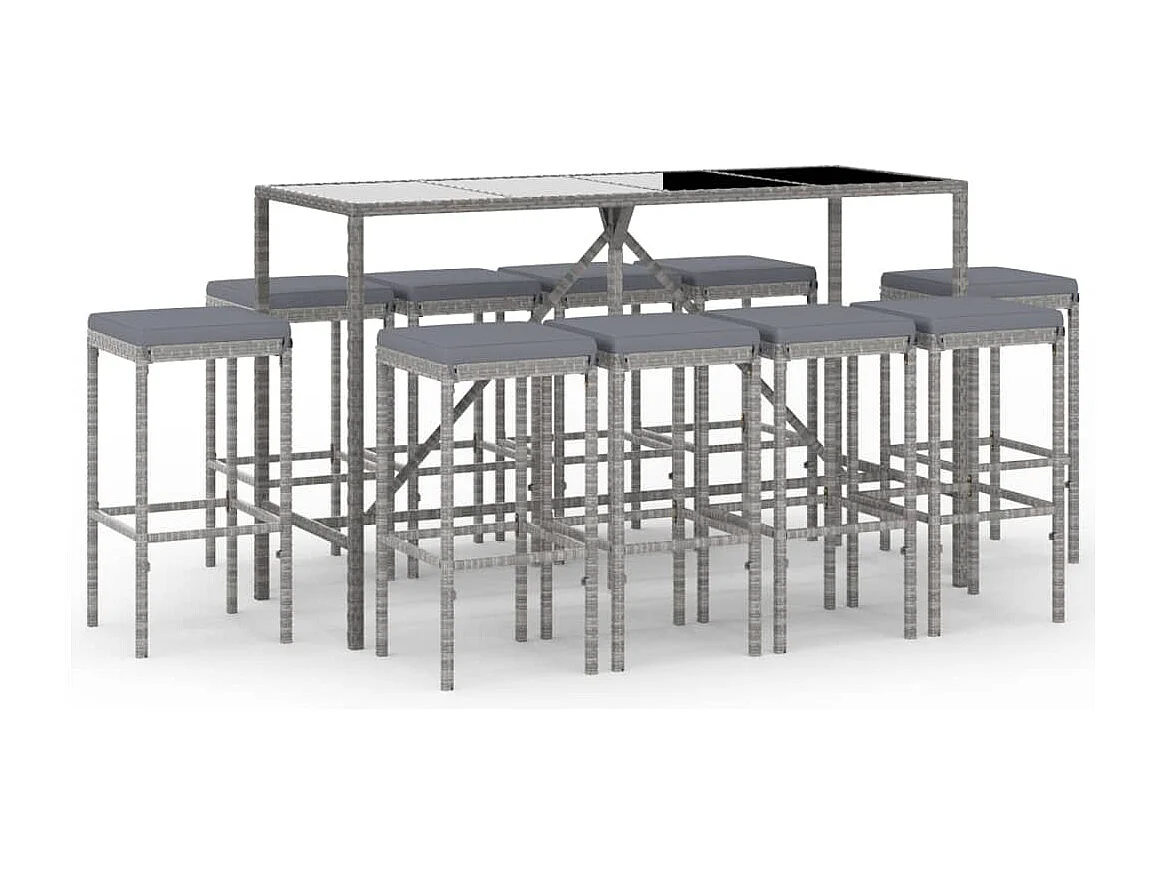 11-tlg. Gartenbar-Set mit Kissen Grau Poly Rattan