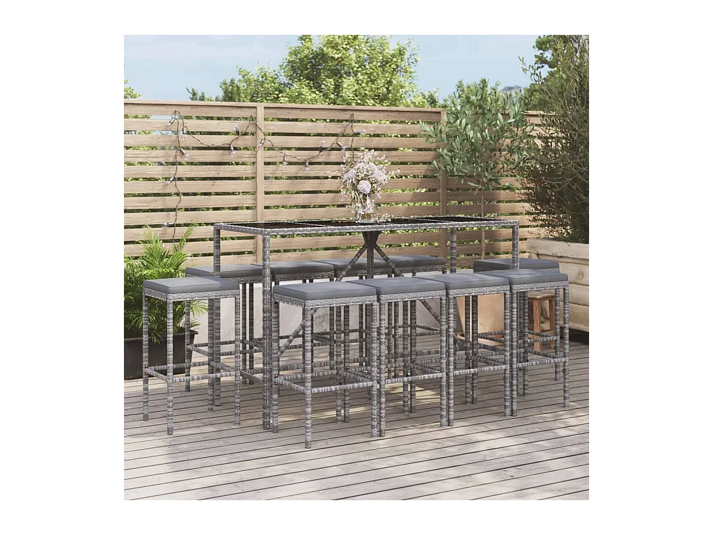 Ensemble de bar de jardin 11 pcs avec coussins gris poly rotin