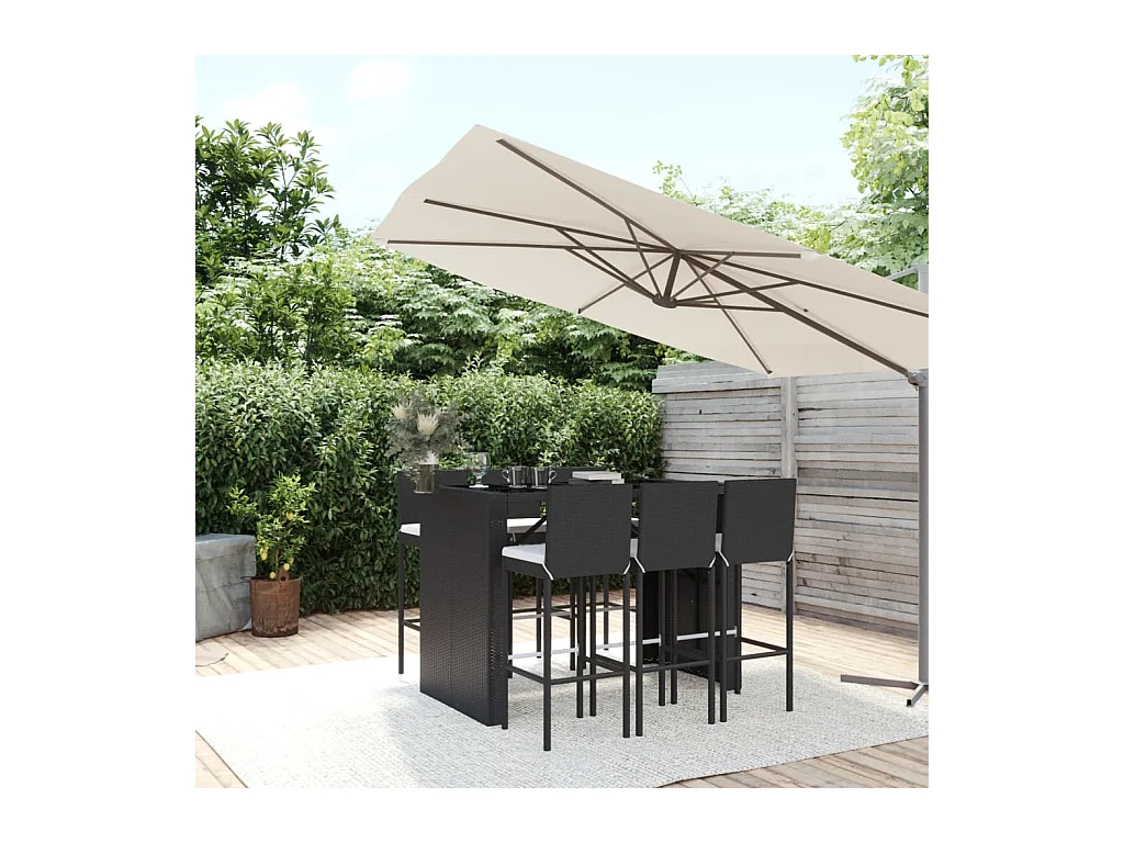 Ensemble de bar de jardin 7 pcs avec coussins noir poly rotin