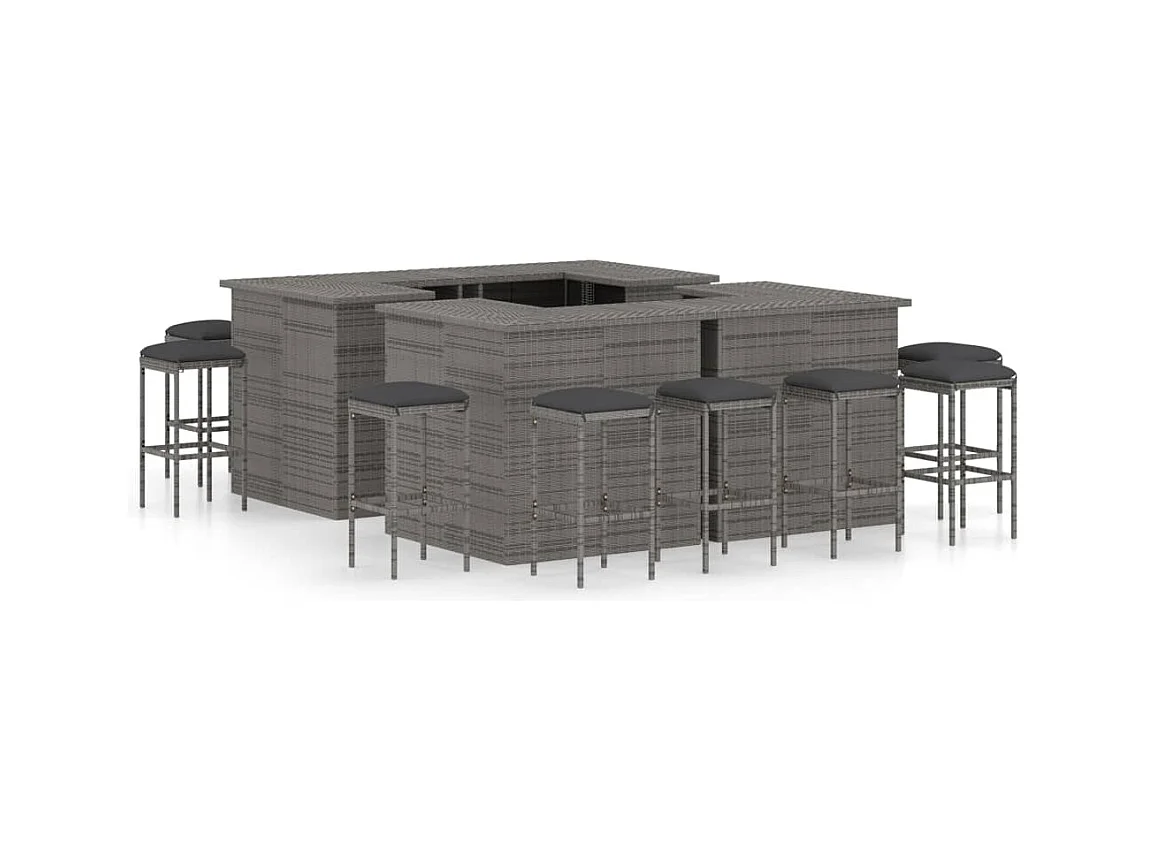 Meuble de bar de jardin 16 pcs et coussins Résine tressée Gris
