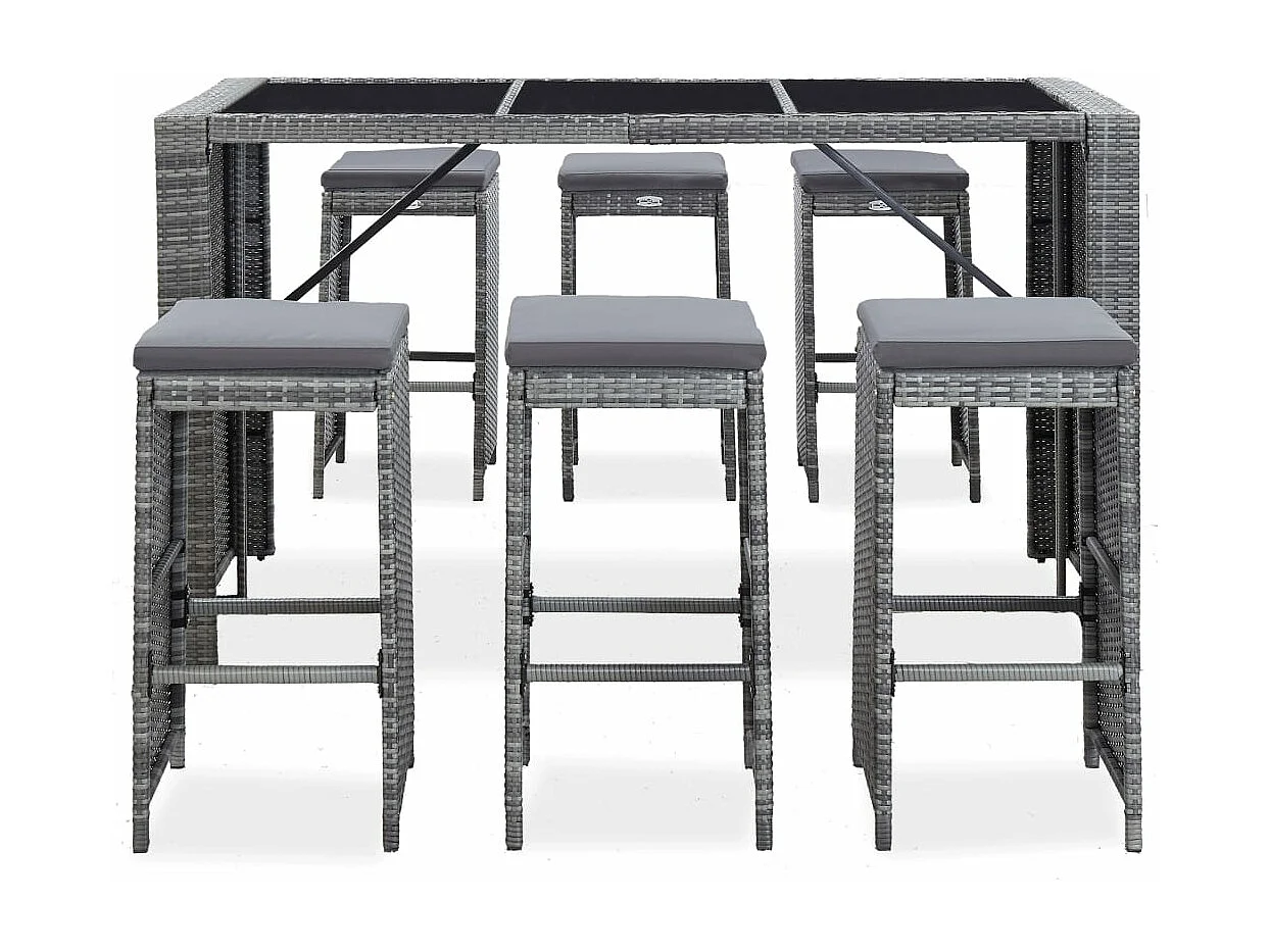 Set da Bar da Giardino 7 pz con Cuscini in Polyrattan Grigio