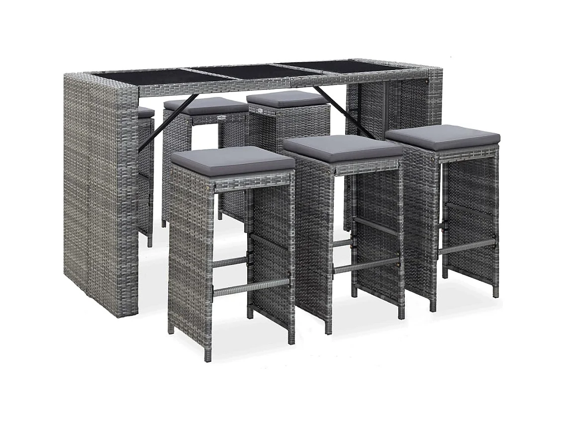 Meuble de bar de jardin 7 pcs et coussins Résine tressée Gris
