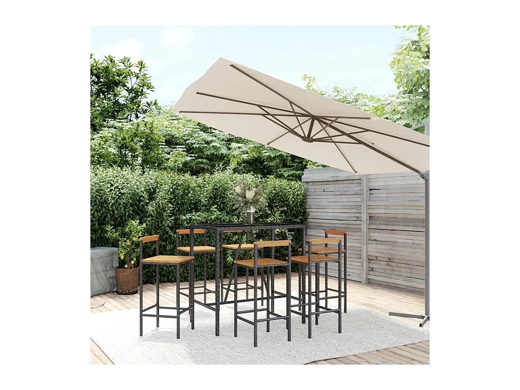 Ensemble de bar jardin 7 pcs noir poly rotin/bois massif acacia