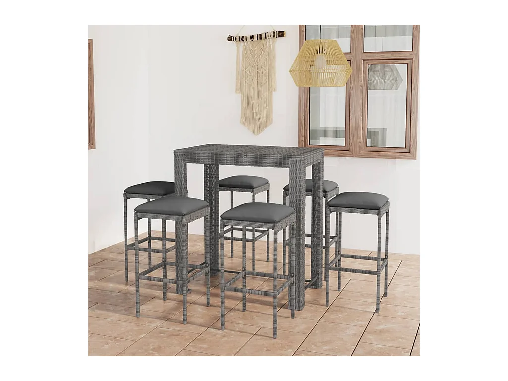 Ensemble de bar de jardin 7 pcs et coussins Résine tressée Gris