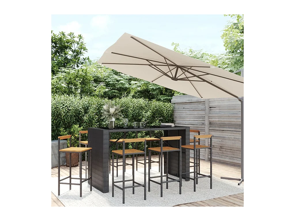 Ensemble de bar jardin 9 pcs noir poly rotin/bois massif acacia